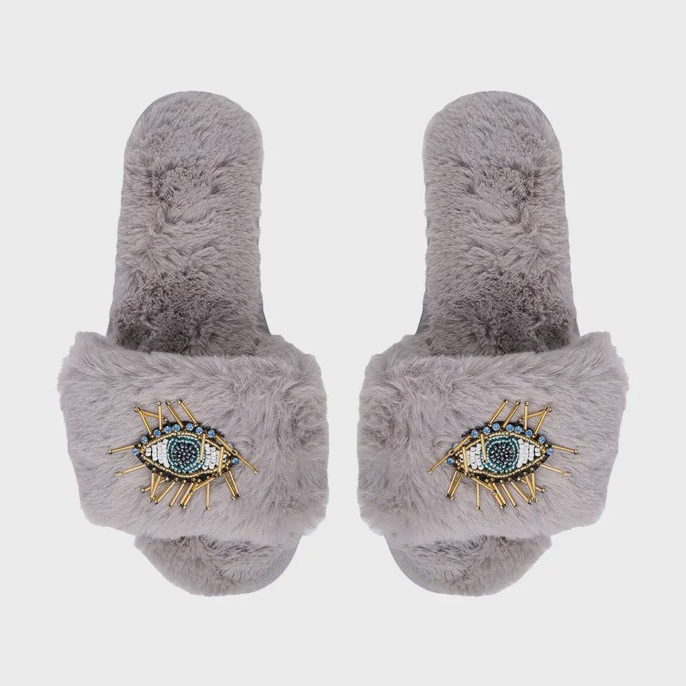 Beaded Evil Eye Slippers - Grey