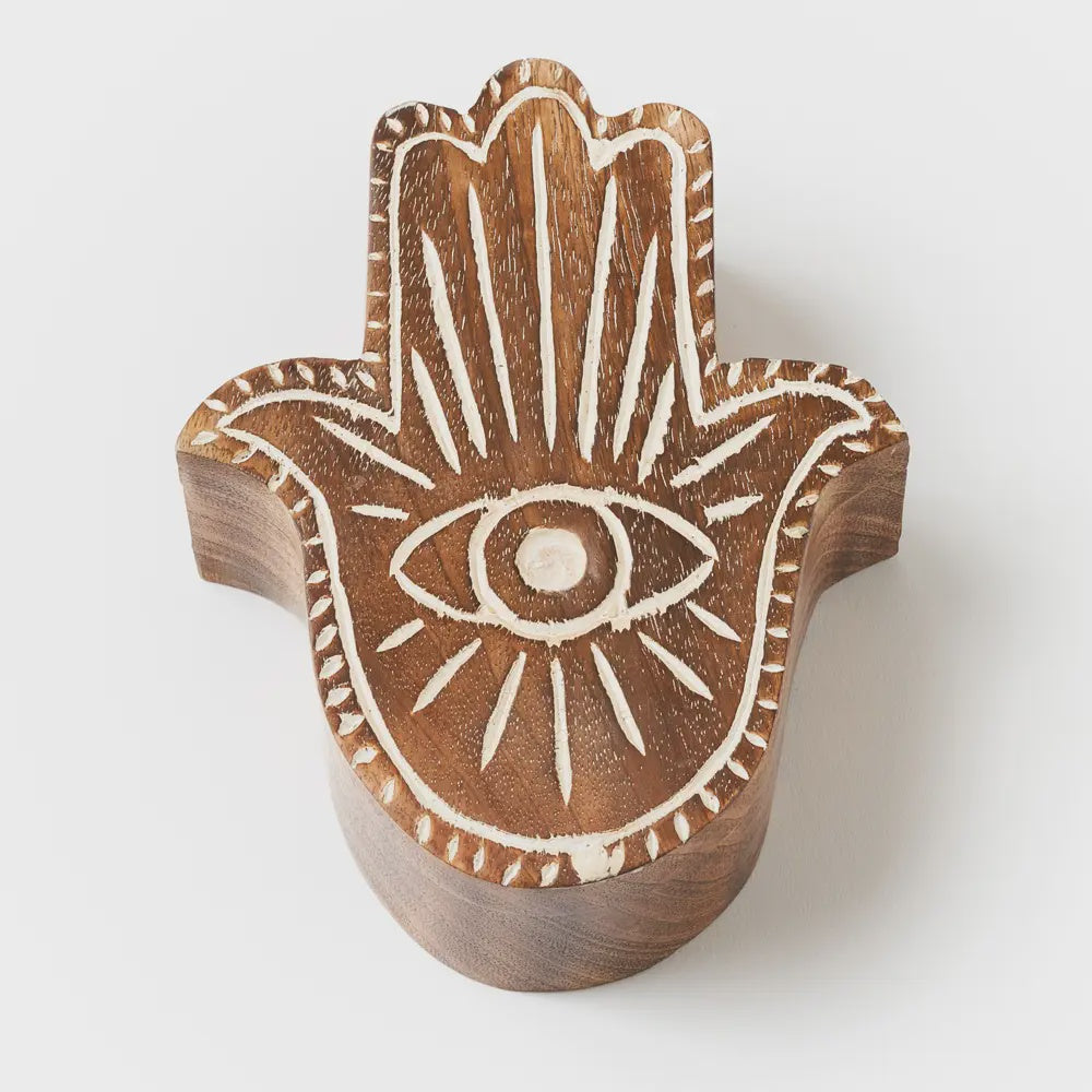 Mango Wood Hamsa with Evil Eye Box