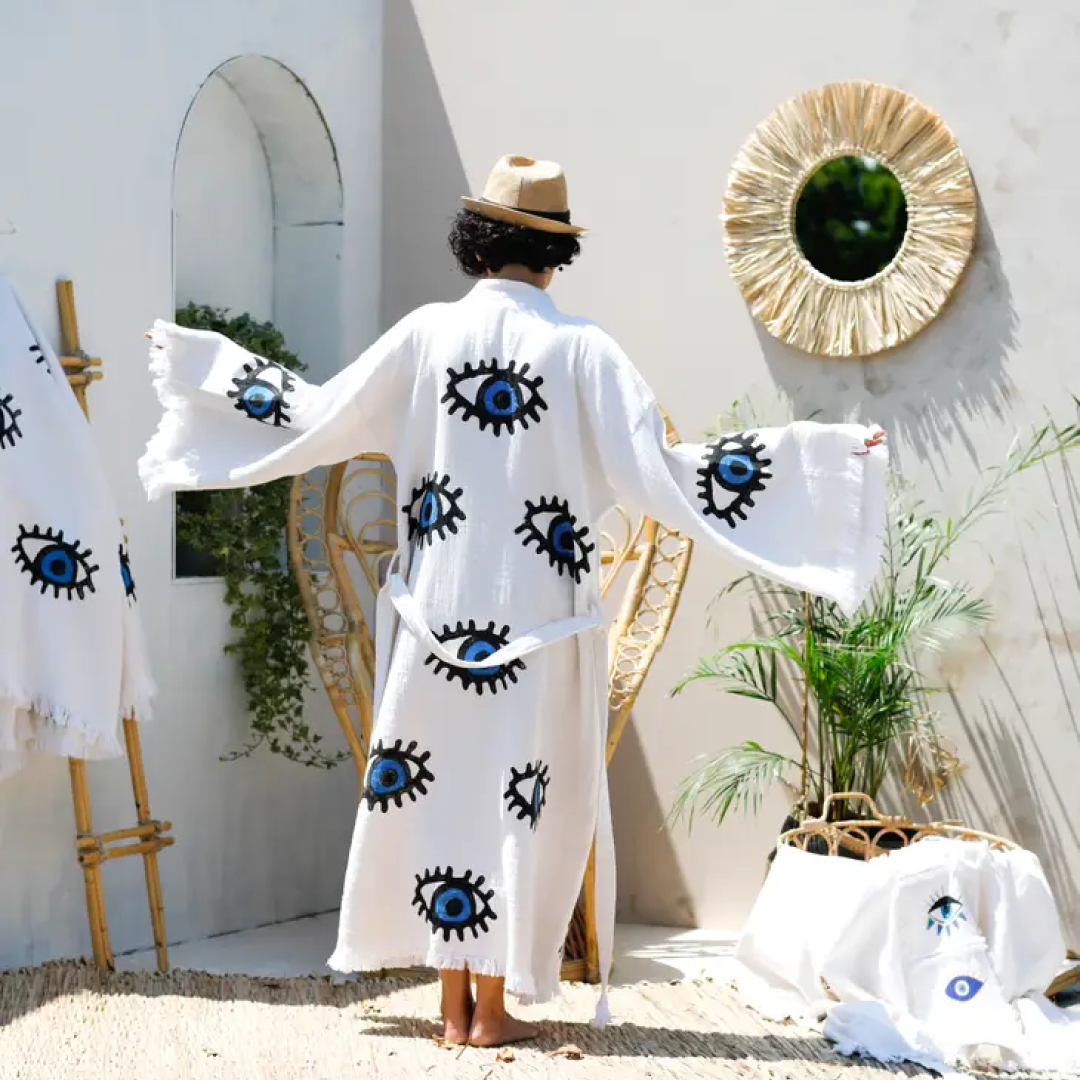 Blue Evil Eye Long Kaftan Kimono L