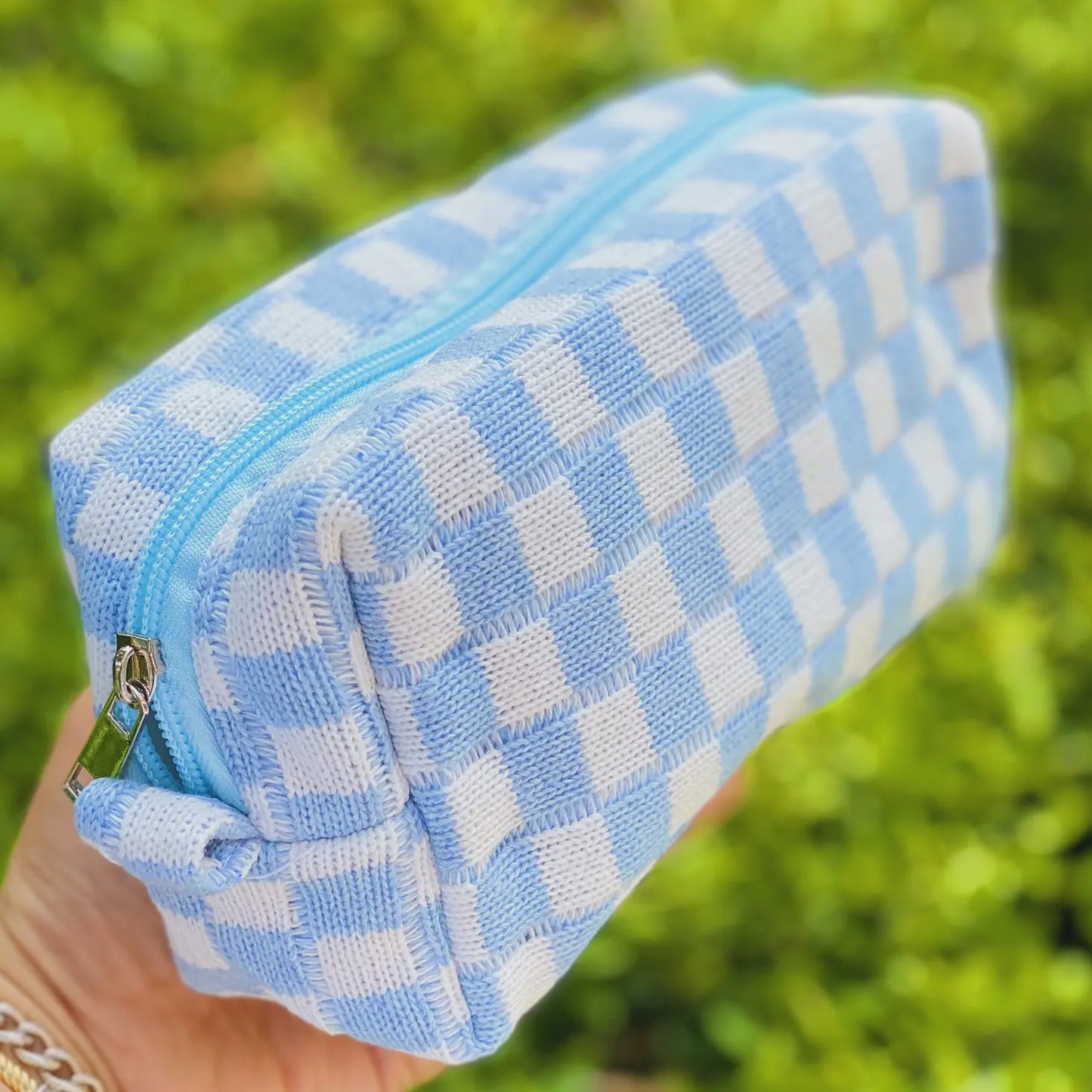 Blue Checkered Cosmetic Bag