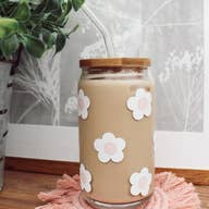 Daisy Smiley Beer Can Glass w/ Lid + Straw