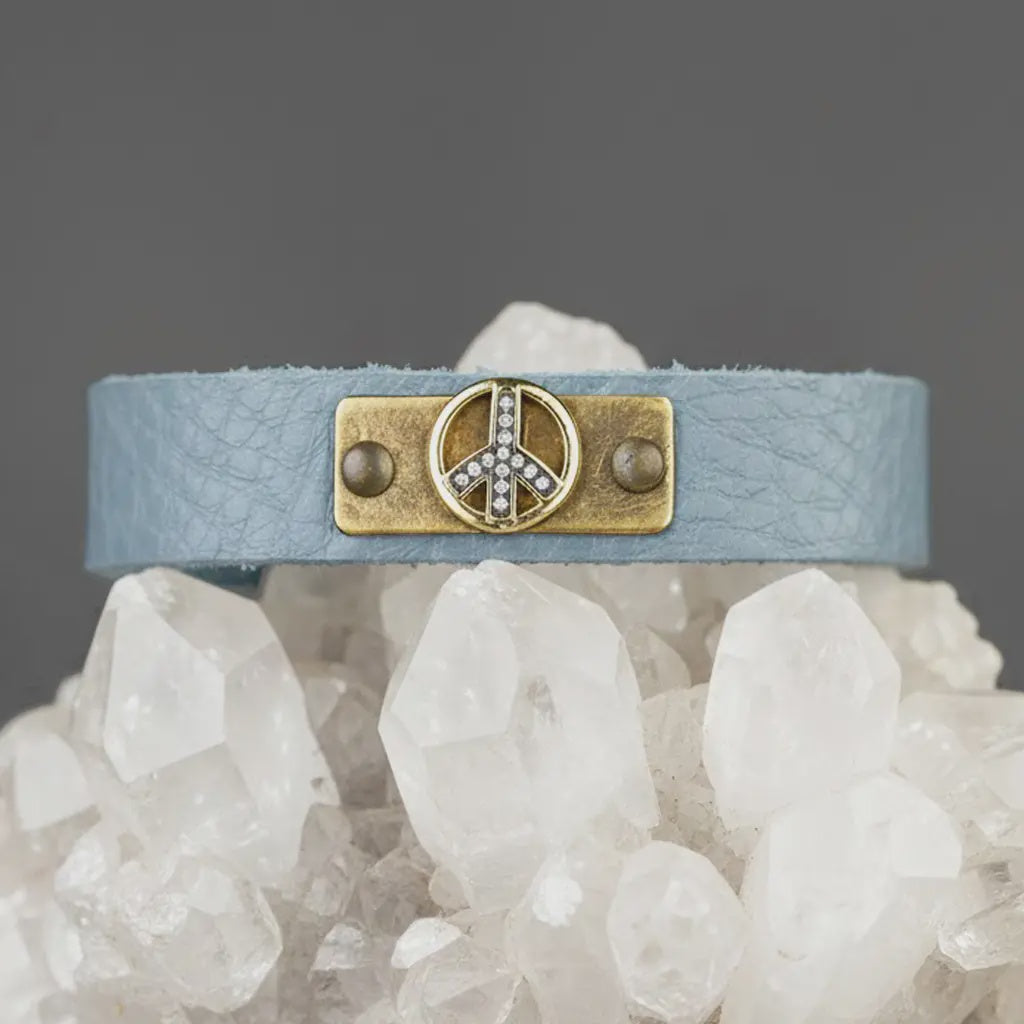 Leather Stacker Cuff w/ Pave Peace (Turquoise)