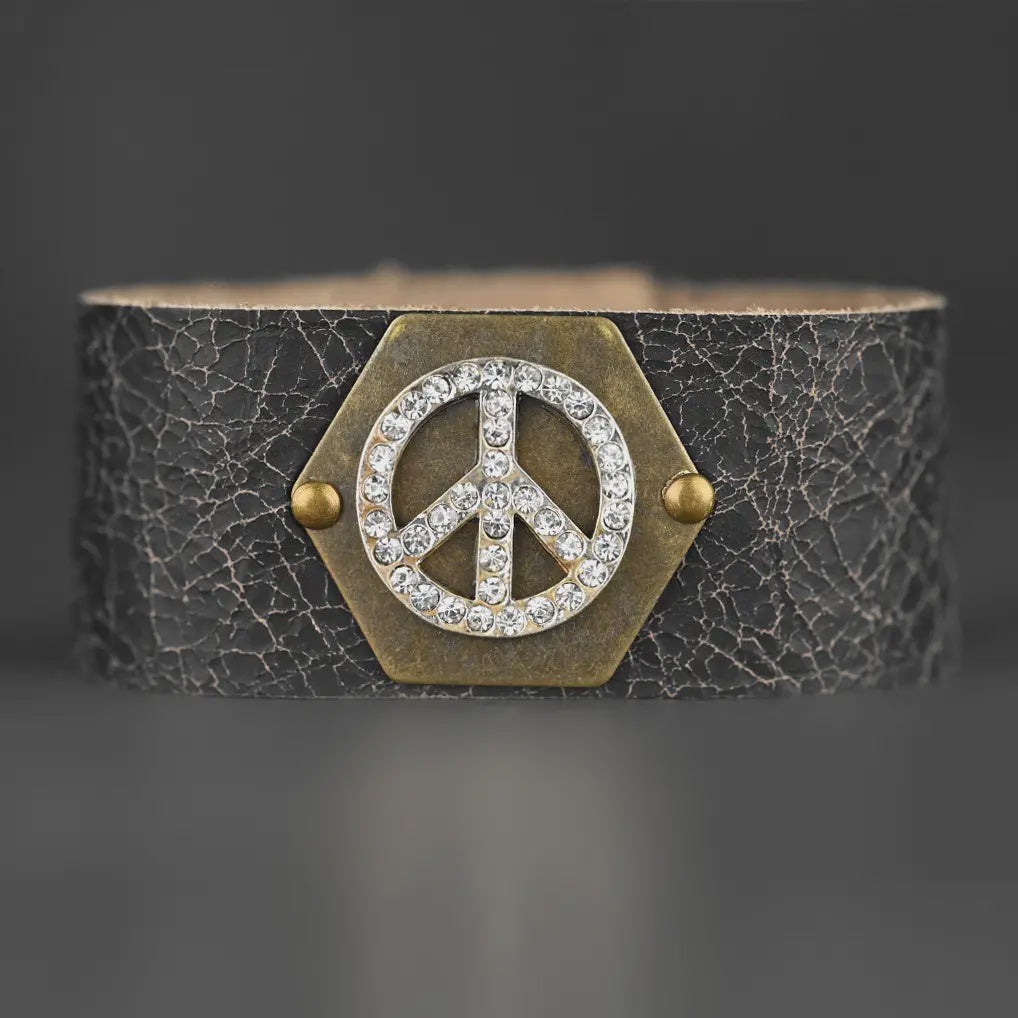 Midsize Leather Cuff with Vintage Crystal Peace Sign