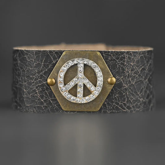 Midsize Leather Cuff with Vintage Crystal Peace Sign
