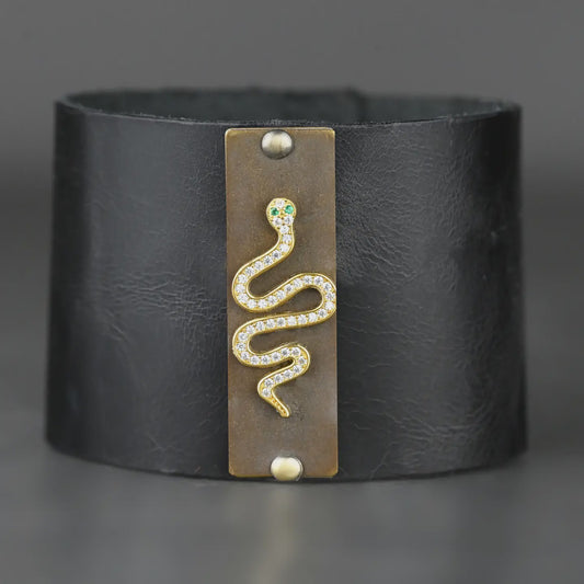 2" Leather Cuff w/ Pave Snake w/ Crystals