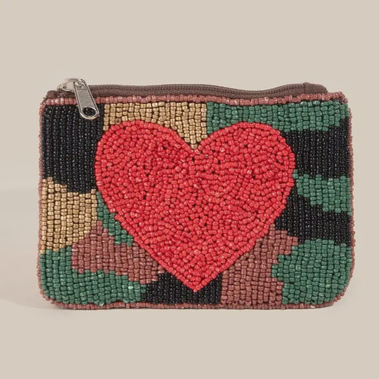Camo Red Heart Beaded Coin Purse