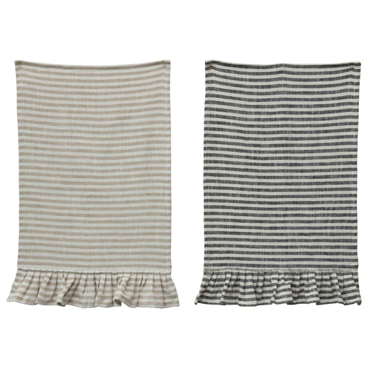 Cotton Striped Tea Towel with Ruffle - Black